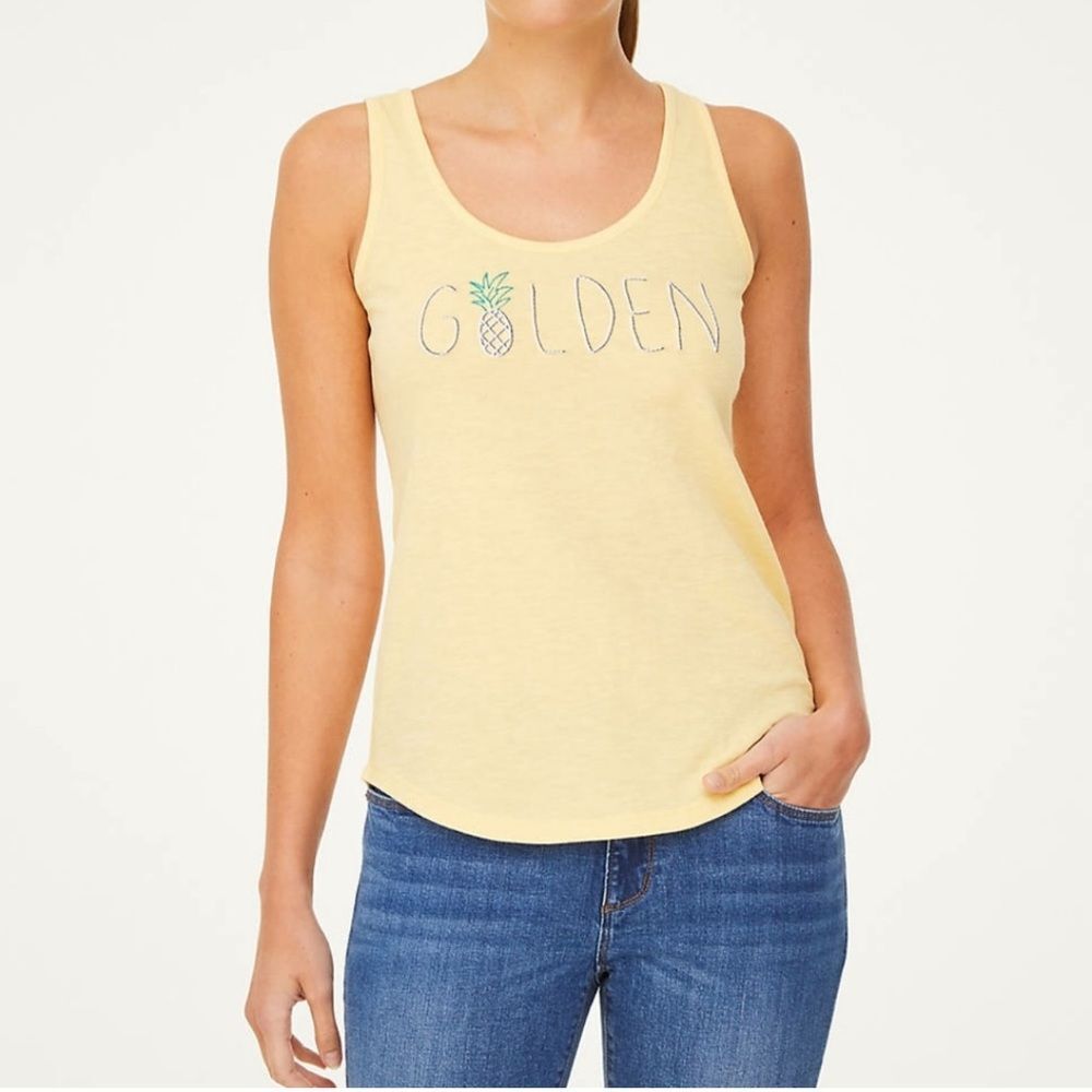 Loft Yellow Golden Graphic Embroidered Tropical Tank Top